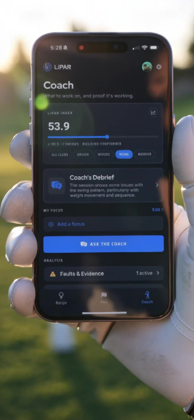 The LiPAR Coach screen on an iPhone, with the LiPAR Index, a coach’s debrief, and the Ask the Coach button